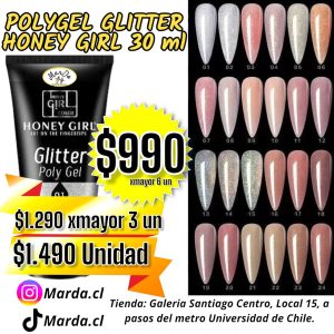 POLYGEL ACRYGEL A ELECCION HONEY GIRL 30 ML GLITTER POR UNIDAD Y POR MAYOR