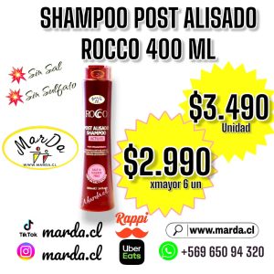SHAMPOO POST ALISADO ROCCO SIN SAL NI SULFATO 400 ML