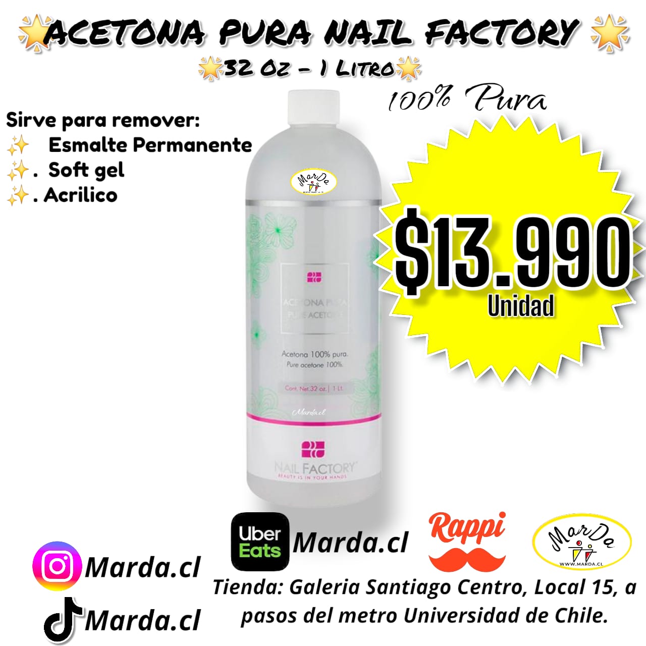 ACETONA PURA PARA UÑAS 32 oz 1 LITRO NAIL FACTORY
