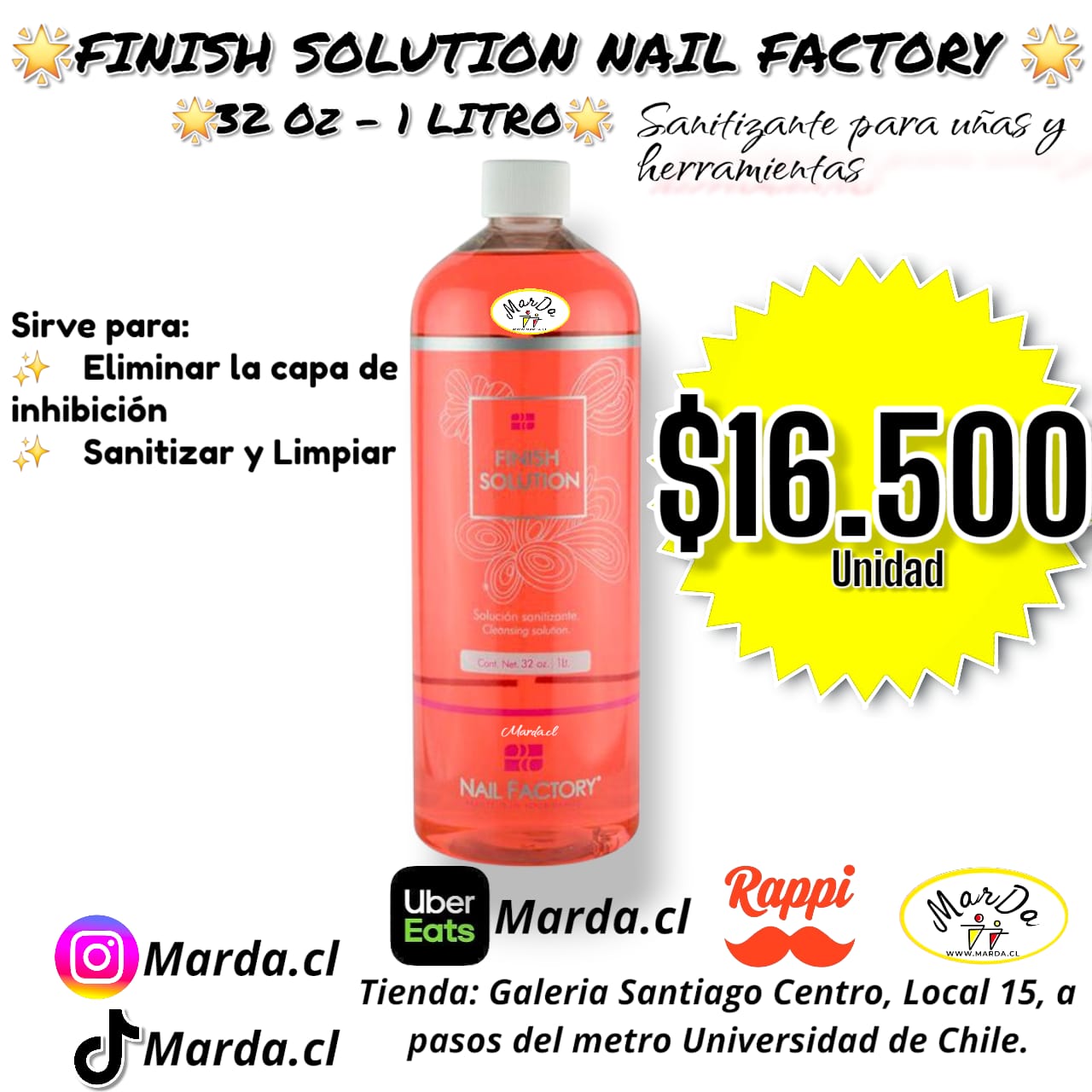 FINISH SOLUTION SANITIZANTE PARA UÑAS 32 oz 1 LITRO NAIL FACTORY