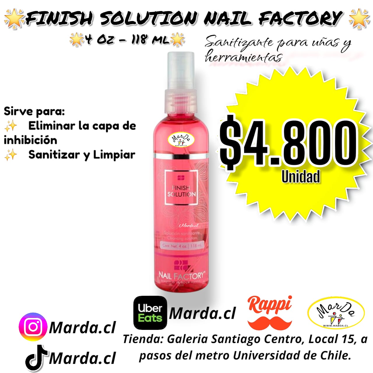 FINISH SOLUTION SANITIZANTE PARA UÑAS 4 oz 118 ml NAIL FACTORY