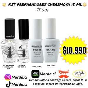 KIT PREPARADORES : PH + PRIMER SIN ACIDO + BASE COAT + TOP COAT CHERIMOYA 15 ML