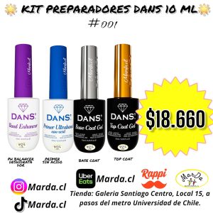 KIT PREPARADORES : PH + PRIMER SIN ACIDO + BASE COAT + TOP COAT DANS 10 ML