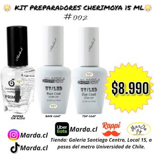 KIT PREPARADORES : PRIMER SIN ACIDO + BASE COAT + TOP COAT CHERIMOYA 15 ML