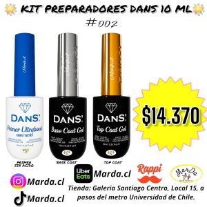 KIT PREPARADORES : PRIMER SIN ACIDO + BASE COAT + TOP COAT DANS 10 ML