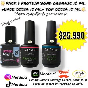 PACK PROTEIND BOND ORGANIC 10 ML +BASE COAT COSIA 15 ML + TOP COSIA 15 ML PARA ESMALTADO PERMANENTE